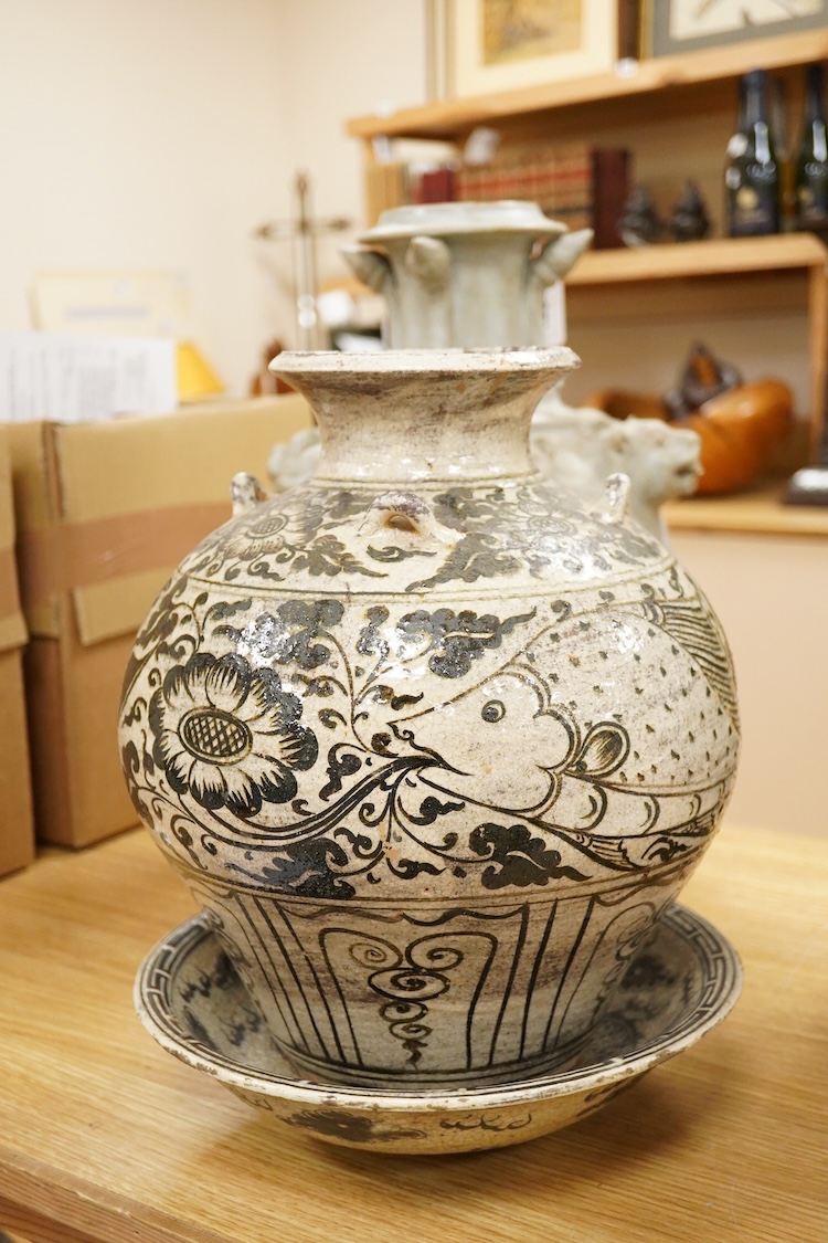 A Thai underglaze black large jar and a similar Dragon bowl